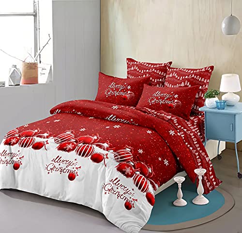 Sedefen Housse de Couette Noël 220x240 cm Rouge Blanc Cloche de Noël Parure de Lit 2 Personnes avec Fermeture Éclair - Housse Couette en Microfibre avec 2 Taie d'oreiller 65x65 cm Cover