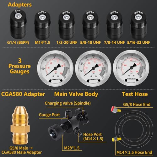Image of Hydraulic Nitrogen Accumulator Charging Kit with 3 Pressure Test Gauges & 7 Adapters (M28*1.5, UNF 5 /8, UNF 1 /2 etc), Metric Accumulator Nitrogen Charge Kit Filling System Fill Gas Tool