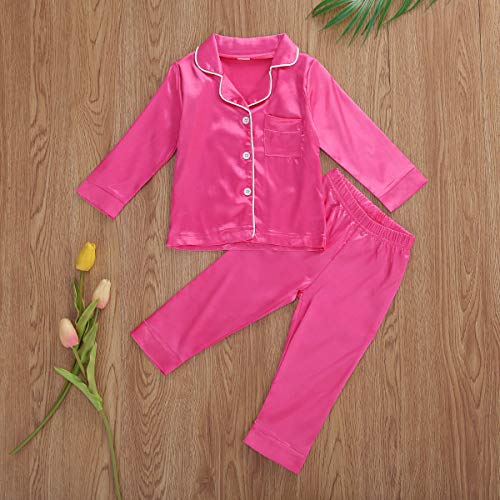 Toddler Baby Girl Boy Silk Pajamas Set Solid Long Sleeve Button Down Shirts Tops and Pants Satin 2PCS Pj Lounge Sets2