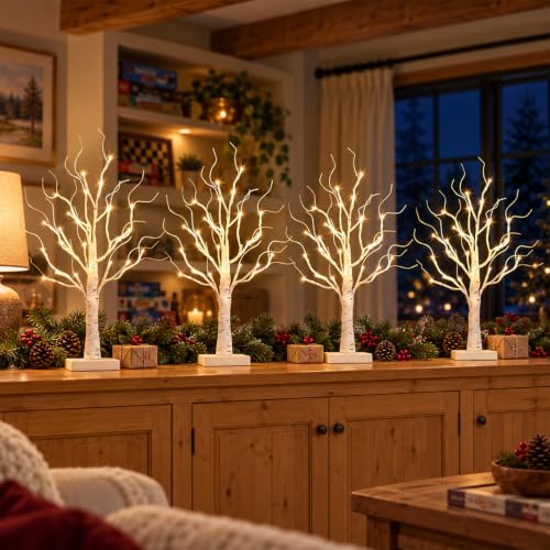 DELICHTER 4er Set Lichterbaum mit 24 Warmweißen LEDs Birken Bäumchen mit Timer-Funktion Dekozweige Batteriebetrieb Weihnachtsdeko für… – Ansicht 1