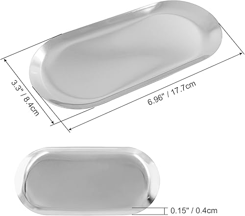 Miniatura 5 de Paquete de 2 bandejas decorativas de acero inoxidable, 7 pulgadas de largo, bandeja de almacenamiento de joyas, organizador de cosméticos para baño,
