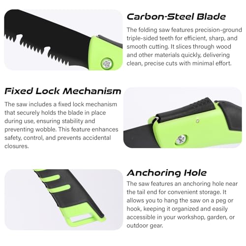 Image of Deli DL6006 7 inch Folding Saw with 170mm Steel Blade ABS Handle 3-Sided Grinding Teeth Secure Lock Handsaw for Pruning Gardening Camping Wood Cutting Tree Branch (Pack of 1, Green Black)