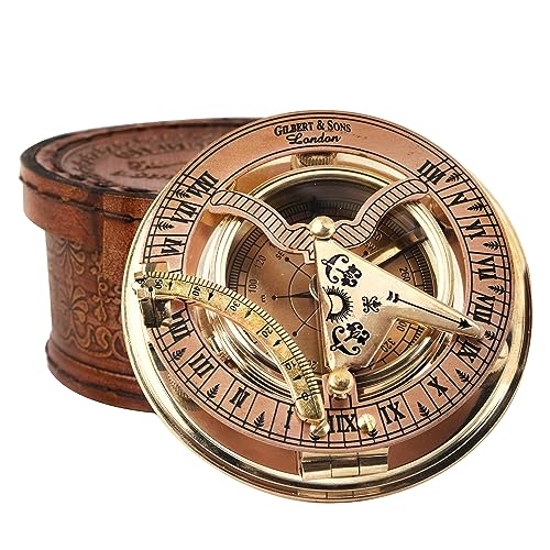 The Maryam Crafts - Antique Brass & Copper Sundial Compass, Sundial Clock in Box Gift Sun Clock Ship Replica Watch