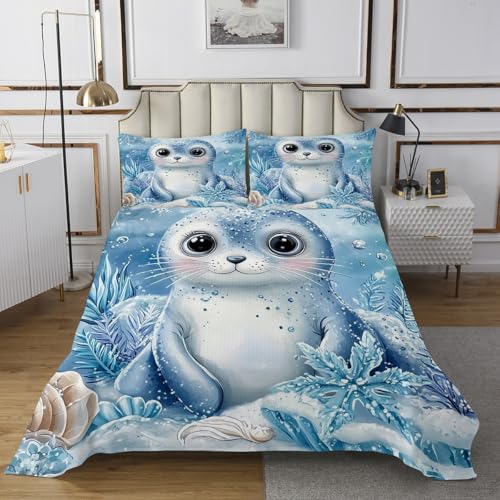 Manfei Kawaii Seal Kids Bedspread Twin Size,Underwater World Shell Coral Seaweed Coverlet Set,Boys Girls Room Decor,Cartoon Sea Lion Ocean Animal Quilted Coverlet,Blue Bedding Quilt,1 Pillowcase