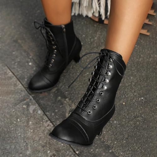 Victorian Boots,Short Ankle Boots Lace Up for Women Side Zipper Victorian Booties,Closed Toe Block Chunky Mid Heel Shoes,Halloween Cosplay Witch Stuff Cuban Heel Mid Calf Fall Winter Shoes4