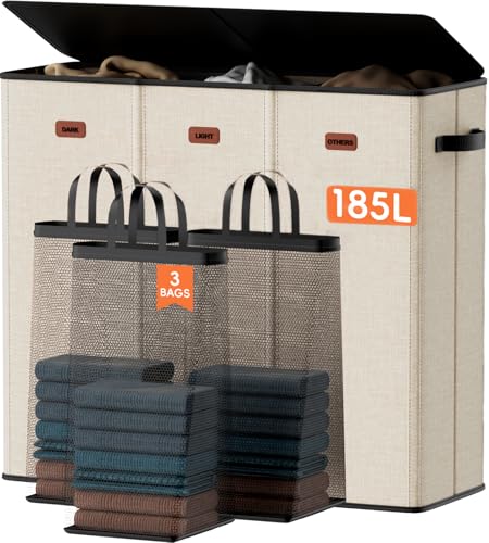Image of 185L Laundry Hamper 3 Section, Laundry Hamper with Lid, Dirty Clothes Hamper with 3 Removable Washing Bags, Extra Large Laundry Basket Organizer for Bedroom, Laundry Room, Dorm - Beige