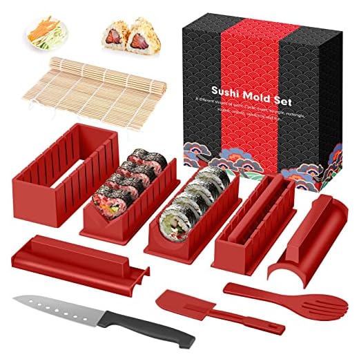 SKYSER Kit para hacer sushi, 12 piezas para hacer sushi para principiantes, kit completo sushi de 8 formas, de alfombrillas caseras de sushi con cuchillo de sushi, moldes de bolas de arroz y palillos