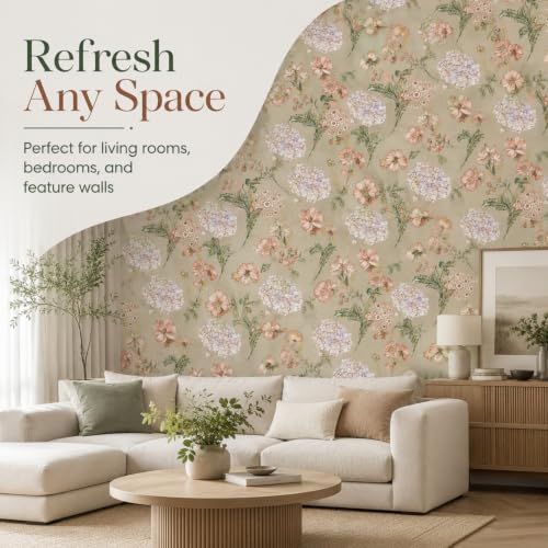 Image of Beige Blush Floral Peel and Stick Wallpaper - Soft Pastel Botanical Self Adhesive Wallpaper Roll for Bedroom, Nursery, Living Room, Wardrobe, Shelf Liner & Home Decoration