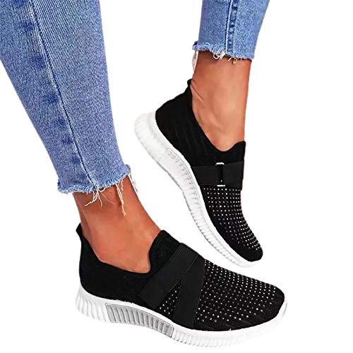 ORANDESIGNE Damen Sneakers, Frühling Herbst Frauen Soft Sole Slip On Sneakers Strass Atmungsaktive Flache Schuhe Grau 39 EU