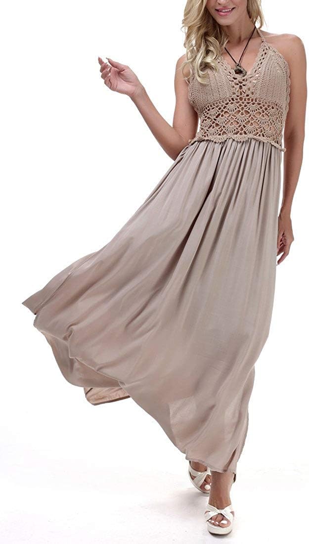 LILBETTER Women's Beach Crochet Backless Bohemian Halter Maxi Long Dress - Image 2