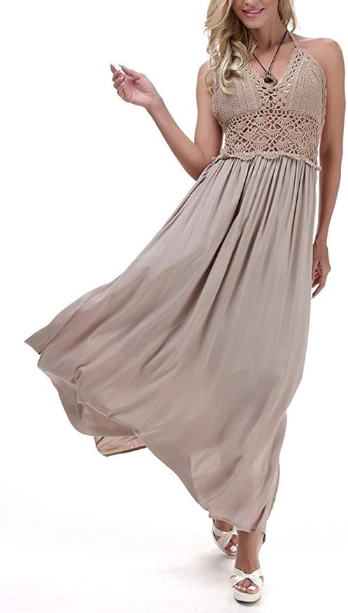 LILBETTER Women's Beach Crochet Backless Bohemian Halter Maxi Long Dress,  1-White, X-Small : Amazon.ca: Clothing, Shoes & Accessories