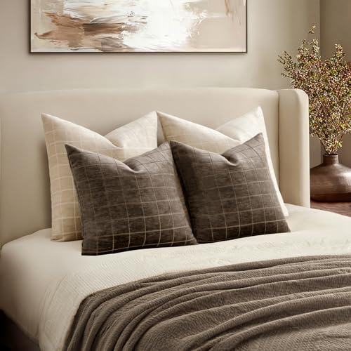 Image of MIULEE Brown Plaid Decorative Fall Throw Pillow Covers 22x22 Set of 2 | Vintage Check Chenille Couch Pillows Boho Farmhouse Cushion Covers Modern Fall Home Decor for Sofa Bed Living Room