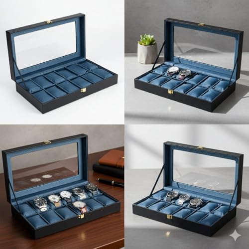 Image of Men's and Women's Watch Box Holder Organizer Case In 12 watches box organizer In PU Leather with Black & blue