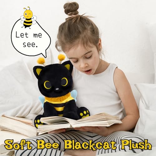 Image of Cat Bee Plush, 8inch Kawaii Black Cat Plush with Honeybee Outfit Costume, Cute Plushies Kitten Stuffed Animal Soft Huggable Plushies Toy for Kids Christmas, Birthday Gifts