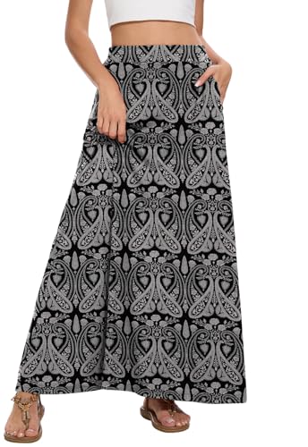 Image of Womens Maxi A-line Long Skirt Casual 2026 Elastic High Waist Flowy Skirts with Pockets