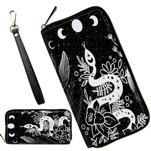 Womens Wristlet Wallets, Ladies Wallet Clutch Purse with Removable Wrist Strap Zip Around Large Capacity Credit Card Holder Cellphone Long Purse Travel Wristlet Bags, Witchy Snake Trippy Moon