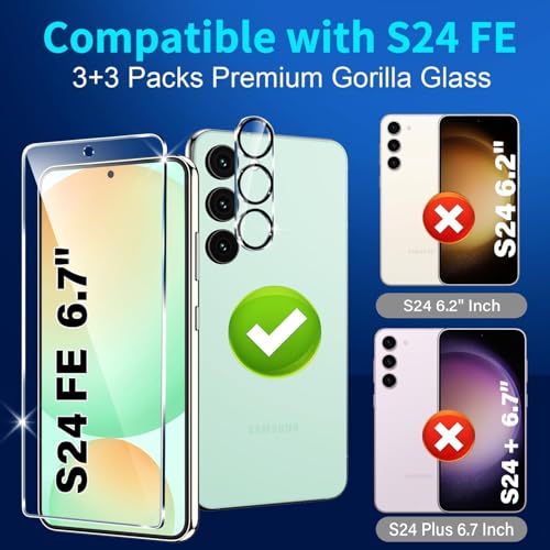 Image of 3 Pack for Samsung Galaxy S24 FE Screen Protector Tempered Glass + 3 Pack Camera Lens Protector, Military Grade Shatterproof, 9H Hardness, Fingerprint Unlock, Case Friendly 6.7 Inch