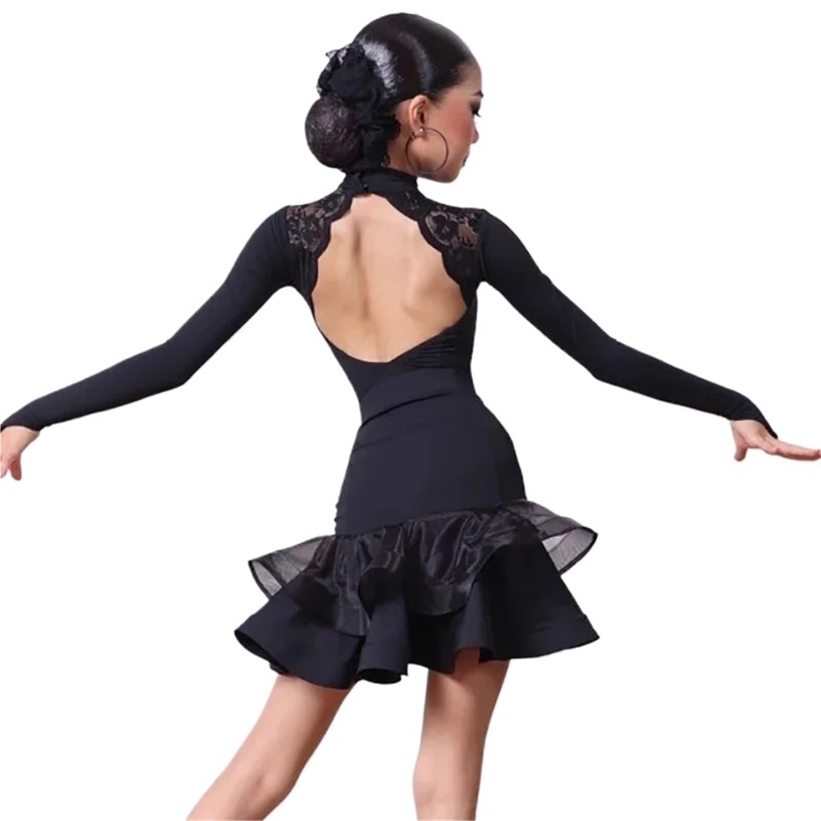 Vestiti da Ballo Latino Americano Uniforme da Ballo Latino for Ragazze, Abito Competizione con Schiena Scoperta e Maniche Lunghe in Rete, cha-cha, Samba Rumba, Sala