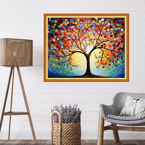 Image of Artvxeay Stamped Cross Stitch Kits | Embroidery Kits for Beginners Craft Kit Needlepoint for Adults Supplies DIY 11CT - (Colorful Moonlight Tree 16x20 inch)