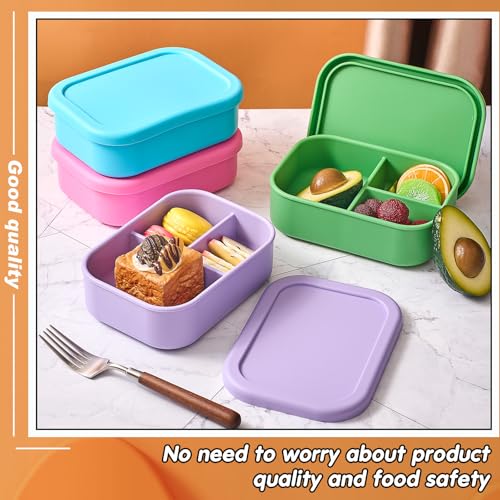 Image of Layhit 4 Pcs Silicone Bento Box for Adults, 27 oz Bento Lunch Container Reusable Food Container for Women Men, Leak Proof Microwave Dishwasher Freezer Safe (3 Compartments,Bright Colors)