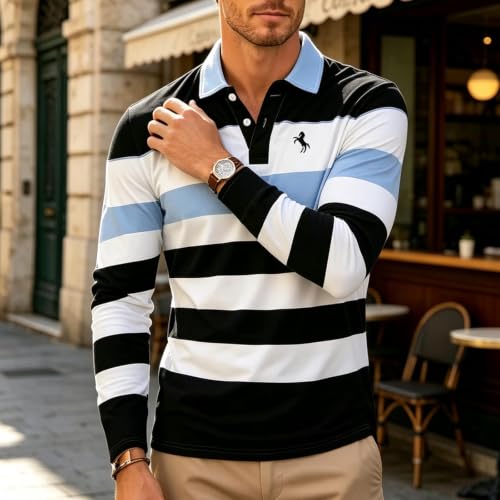 Stylish Mens Long Sleeve Striped Polo Shirt Trendy Collared Pullover - Image 2