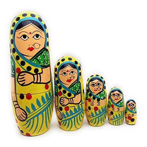 Image of CRAFT HAND Traditional Indian Nesting Wooden Doll /Hand Painted Matryoshka Stacking Dolls- Set of 5 Piece (Lady in Yellow Saree)