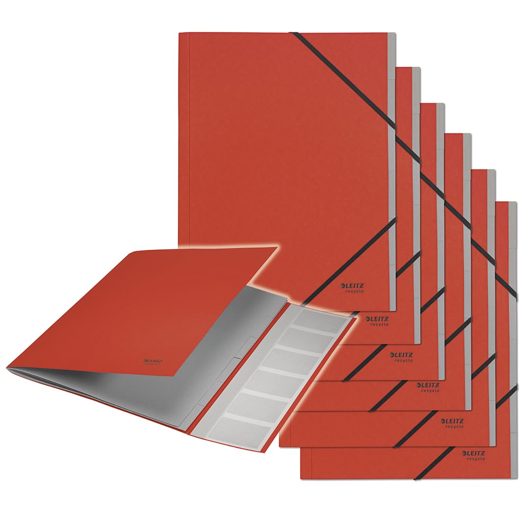 Leitz Recycle 39140025 A4 Organiser Folder, Pack of 6, Project Folder with 6 Compartments with Index, 100% Recycled & Recyclable, Environmentally Friendly, Recycle Series, Red