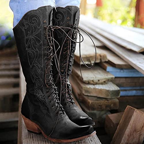 oiangi Womens Chunky Heel Lace up Boots Fashion Square Toe Solid Color Quilted Thick Heel Mid Calf Boots Vintage Comfortable Casual Low Heel Shoes3