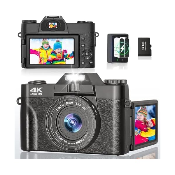 4K 56MP Digital Camera for Photography Vlogging Camera for YouTube with 180° Flip Screen, WiFi,16X Digital Zoom, 52mm Lens, 2 Batteries, 32GB Micro SD Card(Black)
