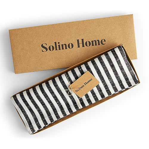 Image of Solino Home 100% Pure Linen Placemats, 14 x 19 in, Black Striped, Set of 4