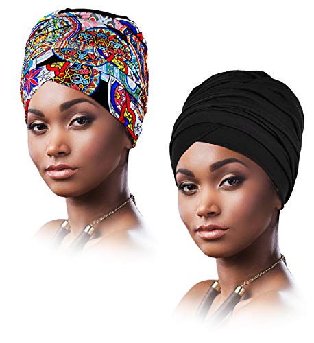 keland 2 Packs African Women Turbans Hats Print Long Head Wraps Headbands Bohemian Stretch Scarf Headwraps (Floral D)