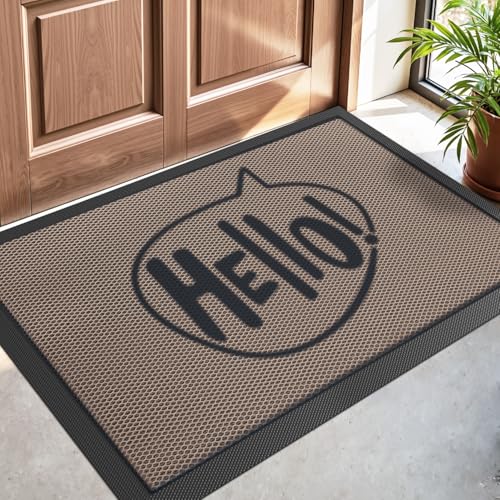 DEXI Front Door Mat Outside Entrance, Non Slip Dirt Trapper Doormat for Entryway, Heavy Duty Low Profile Floor Entry Mats Inside Decorative, 24x36, Hello Brown
