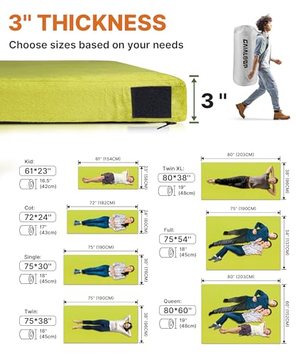 Image of GAIALOOP 3 Inch Memory Foam Camping Mattress, Dual Layer Thick Sleeping Camp Pad for Car Tent Cot, Roll-Up Portable Glamping Floor Bed for Guests Sleepover