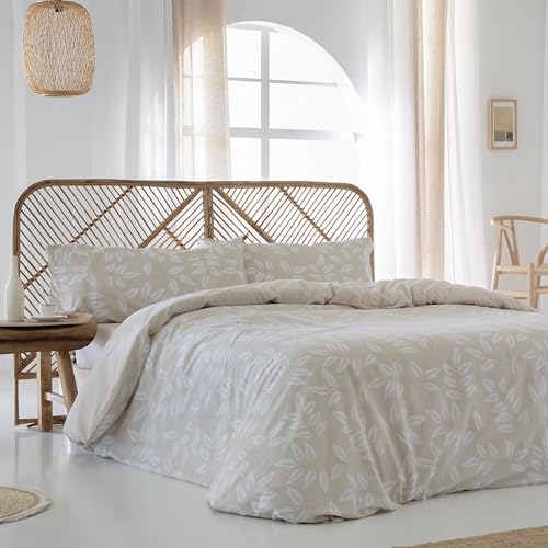 Funda nordica ALGODÓN ORGANICO 100% 144 HILOS BATAN BEIGE REVERSIBLE Cama de 180 Incluye Funda nórdica 260x240 + 2 fundas de almohada + sábana bajera ajustable 180x190 / 200. Cierre con botones