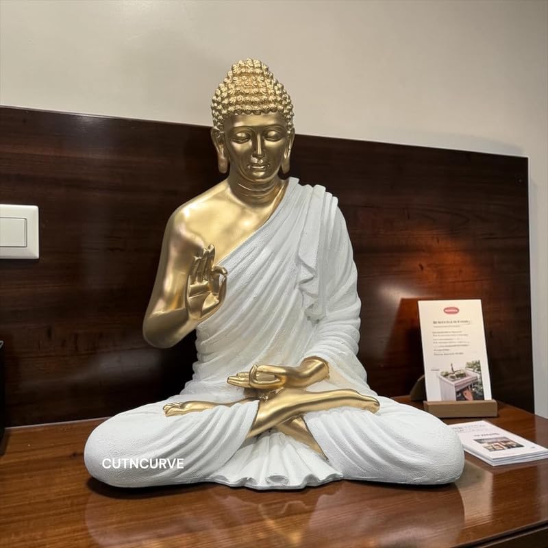 Image of 2 Feet Buddha Statue for Home Decor, Garden and Gifting, Big Size, Made of Resin, Premium Luxury Decoration Showpiece, Vastu Feng Shui for Good Luck, Happiness (Metallic White & Golden)