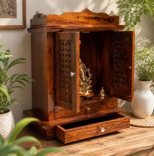 Image of Wudniture Solid Sheesham Wood Floor Standing Pooja Temple with Drawer for Home & Office | Teak Finish