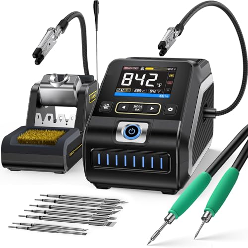 FNIRSI DWS 200 200W Precisión Digital Estación de Soldadura Kit con 9 Puntas (F210*3 y F245*6) & 2 Manos Auxiliares, Valor Temporal & Modo Curva, 3 Memorias de Temperatura, Pantalla TFT HD 2.8