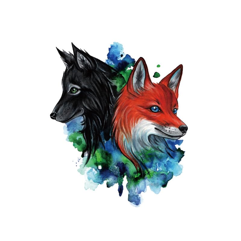 Lobo Fox - Adhesivo de tatuaje temporal impermeable para adultos, hombres y mujeres, acuarela, vintage, espalda, pecho, hombro, 5.9 x 4.3 in, juego