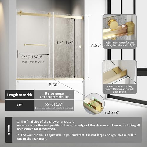 Image of Bathtub Sliding Door 60 inch W x 56 inch H, Tub Shower Door, Frameless Bypass Double Sliding Door Tempered Rain Glass with Explosion-Proof Film Brushed Gold