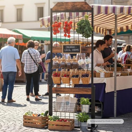Image of HOOBRO Grid wall Panel units 5.6' x 1.7' Ft Grid Display Rack, Gridwall Panel Display Stands with 5 Garment Hooks & 5 S-Hooks, Wire Grid Display Rack, for Retail Show, Rustic Brown and Black BF45DC01