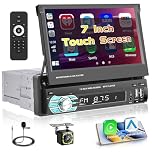 Single Din Car Radio Stereo Carplay Android Auto, 7 Inch Flip Out Touch Screen Car Radio Fast Charging Bluetooth FM TF/USB/AUX Mirror Link + Backup Camera