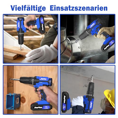 21V Akkuschrauber, Akku-bohrschrauber mit 1x1500mAh Akkus, 45Nm akku bohrmaschine,Drehmoment 25+1 Stufen, 2 Geschwindigkeitsstufen variabel, LED-Licht mit 26pcs, geeignet für DIY-Projekte Zubehörset – Bild 7