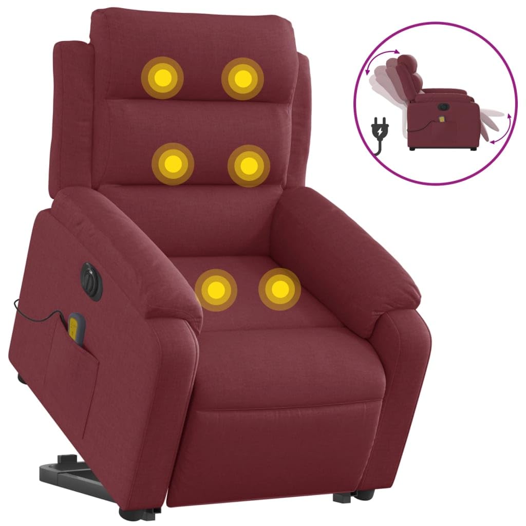 Sillón elevador eléctrico reclinable con 6 puntos de vibración, tejido rojo vino, función de elevación e inclinación a 135 grados, estructura estable