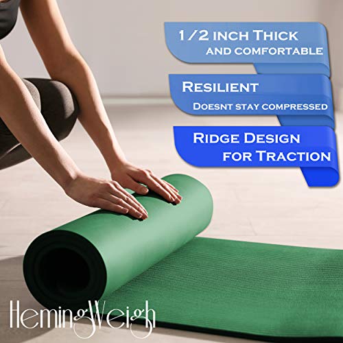 HemingWeigh Extra Thick High Density Exercise Yoga Mat with Carrying Strap for Exercise, Yoga and Pilates (Green 1/2 inch) - Thumbnail 2
