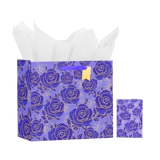 Usmilegift Conjunto de bolsa de presente com tema de rosa roxa de 33 cm para marcos femininos - aniversários, dia dos namorados, casamentos, aniversários etc. O kit inclui cartão e papel de seda