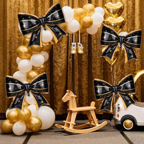 Image of 4Pcs Giant Bow Balloons, 97.5cm /38in Big Elegant Coquette Theme Balloons for Birthday Wedding Engagement & Party Large Decorations Bridal & Bachelorette Supplies (Star Dot Black)