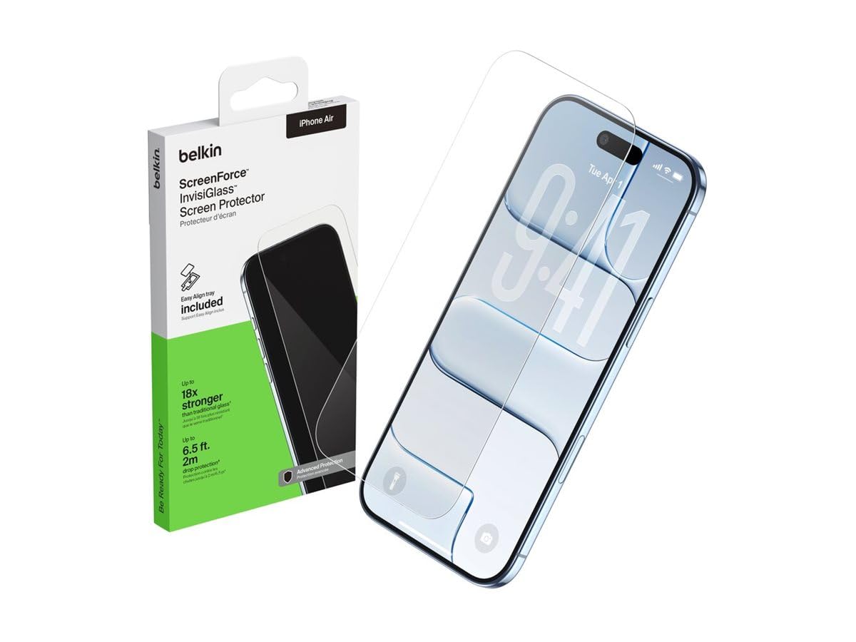 Belkin ScreenForce InvisiGlass Szkło Ochronne do Telefonu iPhone Air, Ochrona Przed Zarysowaniami i Uderzeniami, w Zestawie Tacka Easy Align do Nakładania, Zgodne z Etui, Materiały z Recyklingu