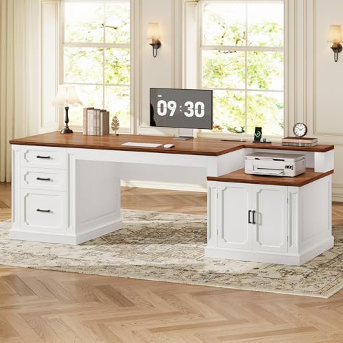 Image of SEDETA Farmhouse 70.9 inch Executive Desk, Home Office Desk with File Drawers and Storage Cabinet, Computer Desk with Power Outlet for Home Office, Work Study Writing, White+Brown