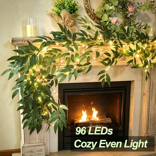 Image of Green Vines Garland with Lights 96 LED Battery Operated with Timer Faux Willow Leaves Twig with Lights Greenery Garlands Decortions for Mantel Fireplace Table Wall Patio Wedding Holiday Home Decor