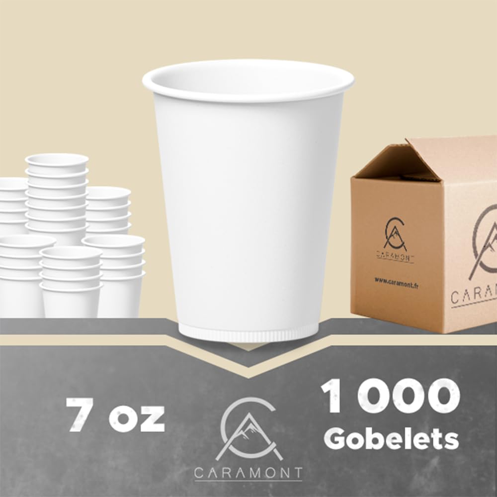 Caramont - Gobelets en Carton 7 Oz-Pack de 1000, Jetables,Résistants à la Chaleur, Carton de Qualité, Idéal pour Café,Thé,Boissons Chaudes et Froides lors d'Événements comme Anniversaires,Réceptions